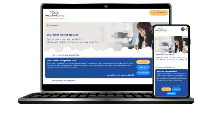 Angel Advance debt advice tool on a laptop and mobile phone