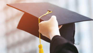 Graduate holding a graduation cap in the air