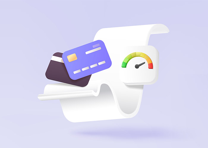 Credit score check and bank cards on pastel background
