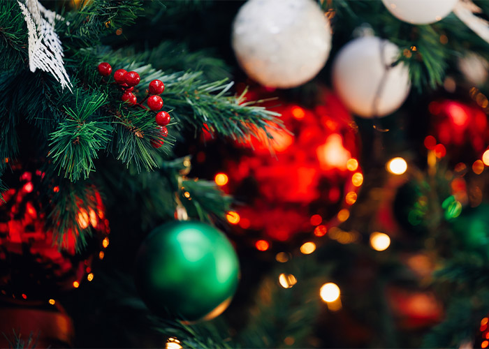 close up of a Christmas tree decorated with lights and baubles